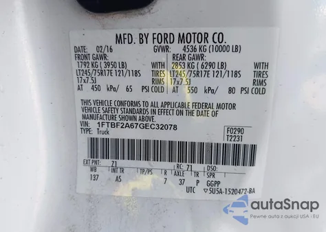 2016 Ford F-250 Xl из США, поврежденный, VIN 1FTBF2A67GEC32078